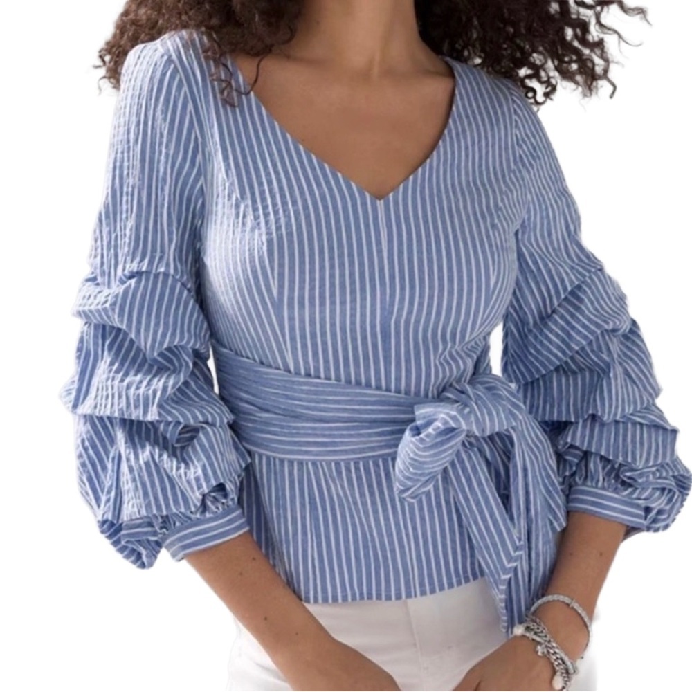 White House Black Market Blue/White Stripe Seersucker Ruffle Sleeve Blouse 12P